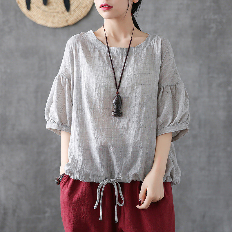 Literary Plaid Short-Sleeved Loose Round Neck Blouse