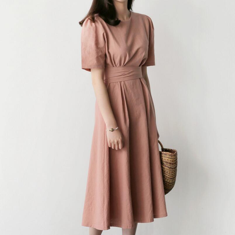 Retro Cotton Linen Solid Color Midi Dress