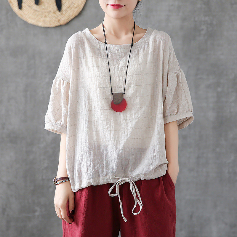 Literary Plaid Short-Sleeved Loose Round Neck Blouse