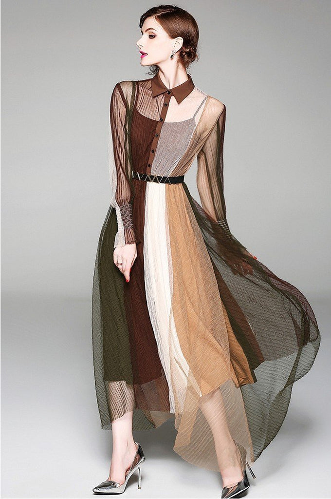 Fashion Lapel Long Sleeve Contrast Slim Long Dress