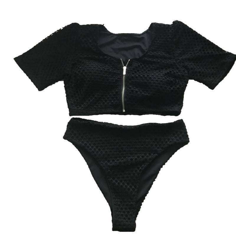 Solid Color Zipper High Waist Mesh Double-layer Half-sleeve Bikini XL-4XL