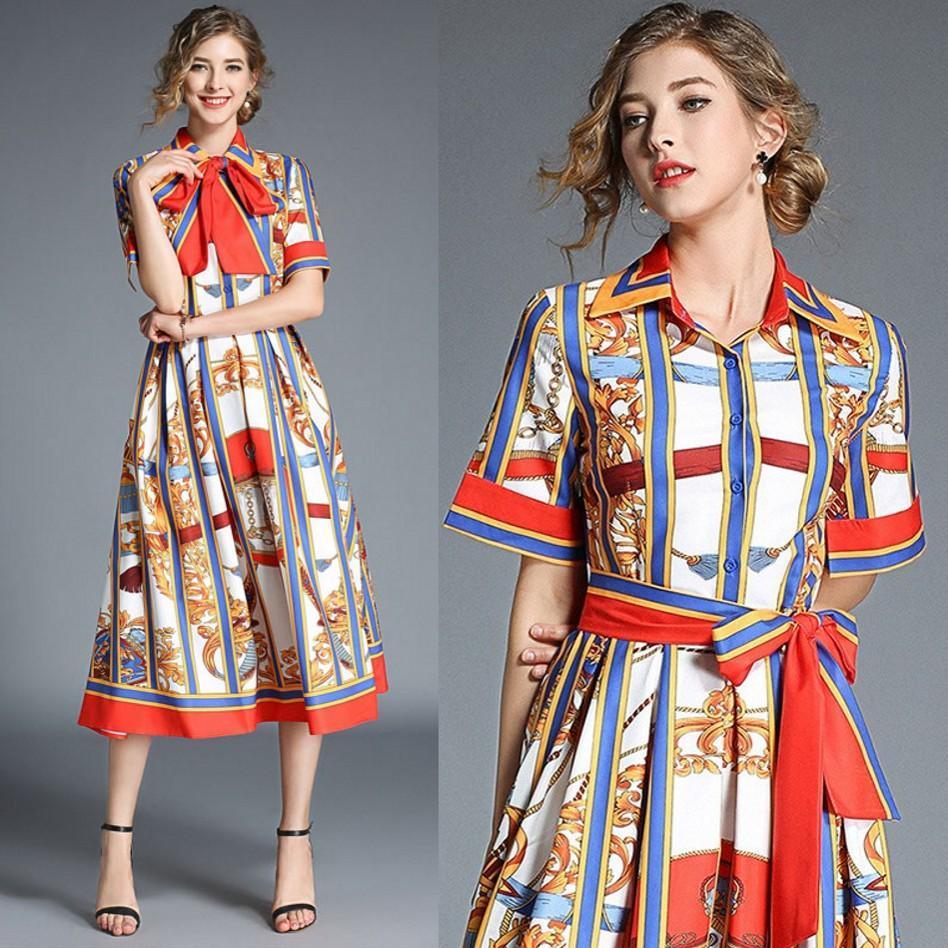 Retro Fashion Striped Print Short-sleeved Mid-length Dress