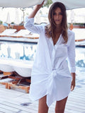 Loose Cotton White Bow Long Sleeve Irregular Mid-Length Dress