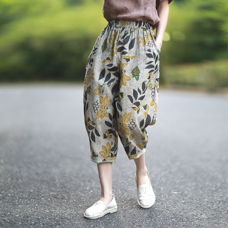 Literary Retro Loose Linen Cropped Trousers