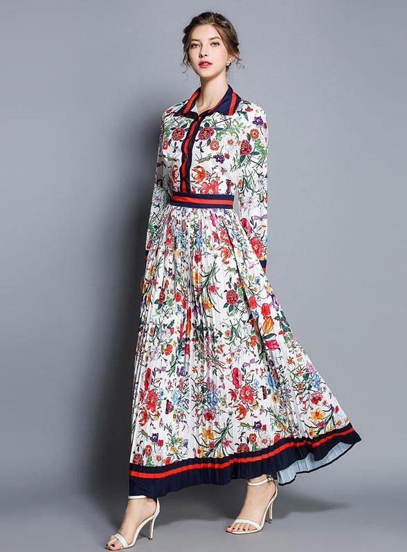 Fashion Floral Print Long Sleeves Maxi Dress