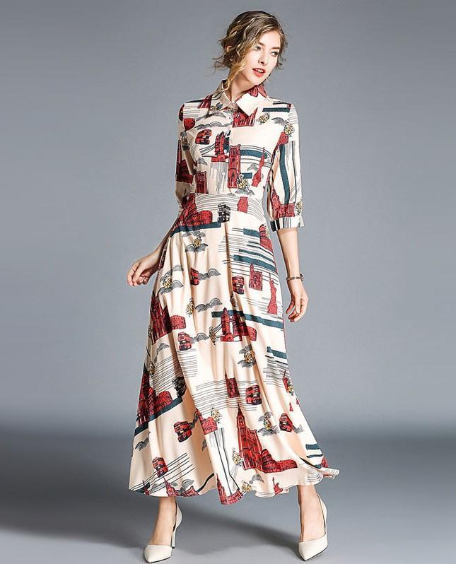 Fashion Lapel Printed Slim Dress
