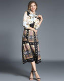 Retro Fashion Print Lapel Long Sleeve Shirt + Mid Length Skirt