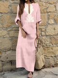 Long sleeved V-neck plain cotton and linen  Boho Maxi Dresses