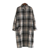 Lapel Loose Long Coat Cotton Linen Plaid Shirt