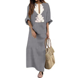 Long sleeved V-neck plain cotton and linen  Boho Maxi Dresses