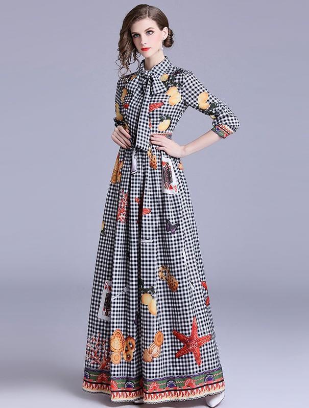 Fashion Plaid Print Slim Maxi Dress