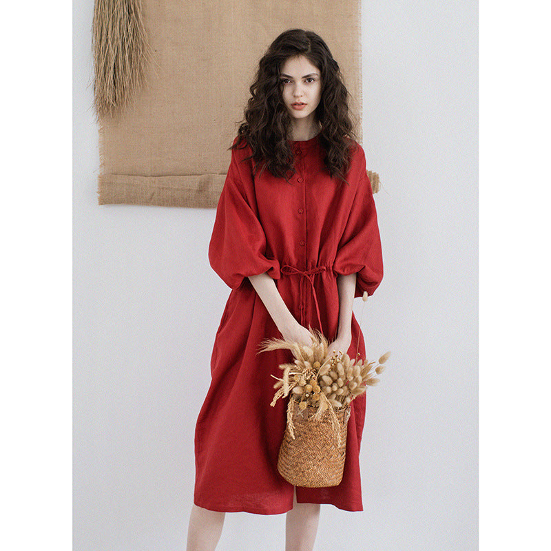 Red Retro Linen Midi Dress