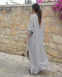 Cotton V-neck Loose Long-sleeved Side Slit Maxi Dress