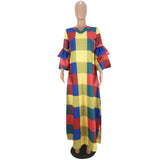 Plaid Lantern Sleeve Floor Length Dress S-XL