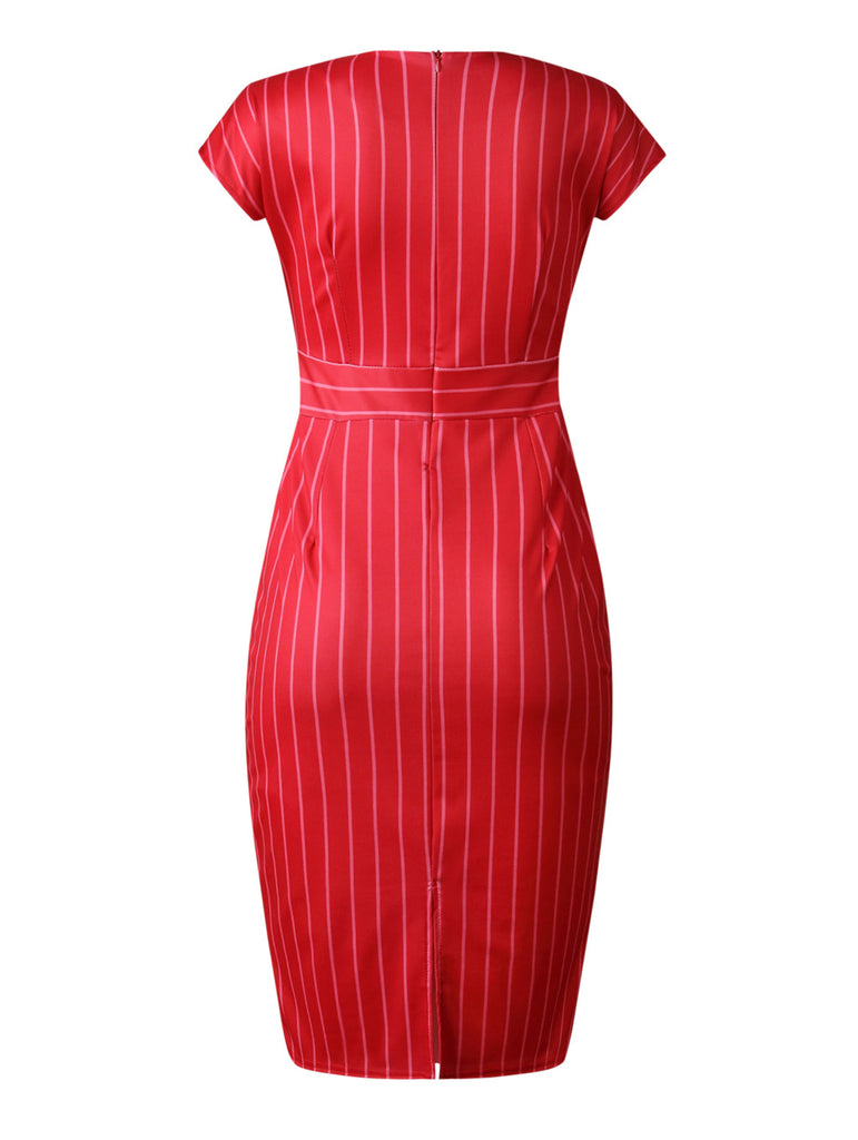 Striped Paneled V-neck Split Back Plus Size Dress M-2XL