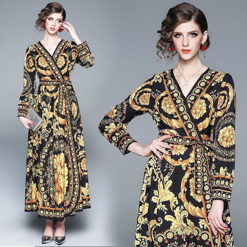 V-neck Long-sleeved Fashion Print Dress