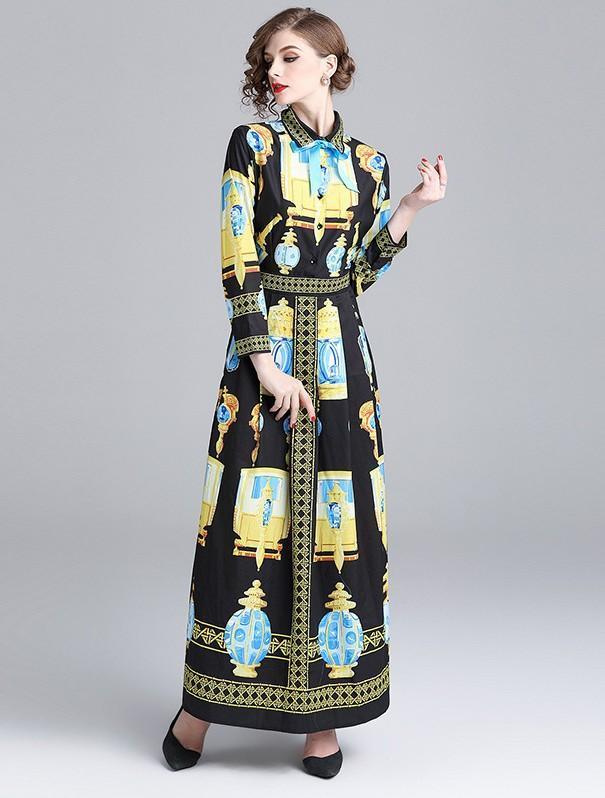 Lapel Long Sleeve Fashion Print Dress