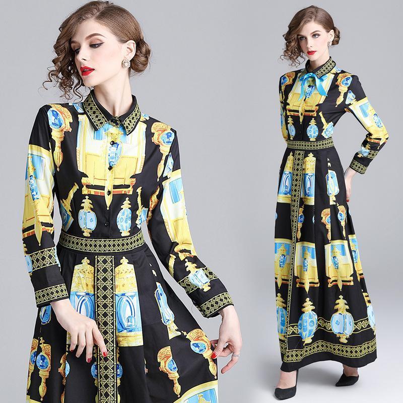 Lapel Long Sleeve Fashion Print Dress