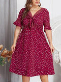 Red Polka Dot Print V Neck Half Sleeve Sexy Dress XL-4XL