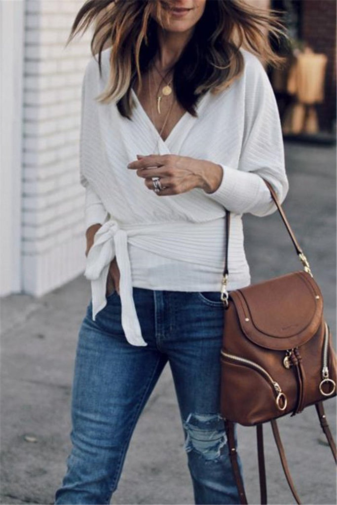 Fashion V-neck Tie Long-sleeve Knit Sweater-3color