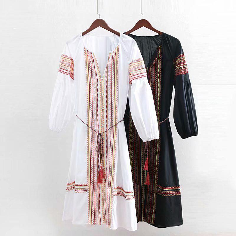Embroidered Long Sleeves Loose V-neck Button Front Casual Dresses