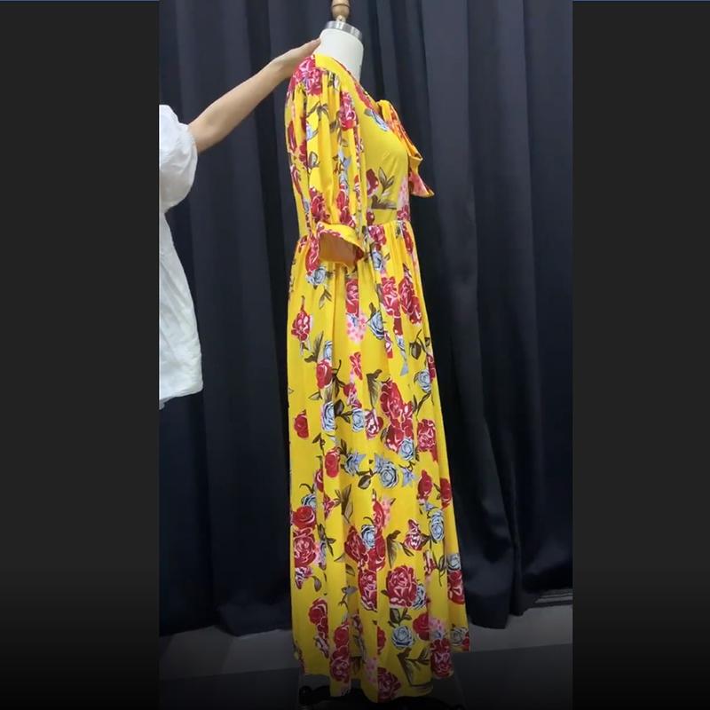 Bubble Five-point Sleeves Yellow Print Elegant Party Dress XL-5XL