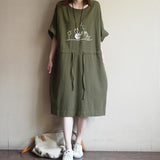 Casual Loose Cotton Embroidery Short Sleeve Dress