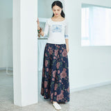 Cotton Linen Floral Print Elastic Waist Skirt