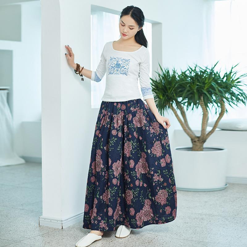 Cotton Linen Floral Print Elastic Waist Skirt