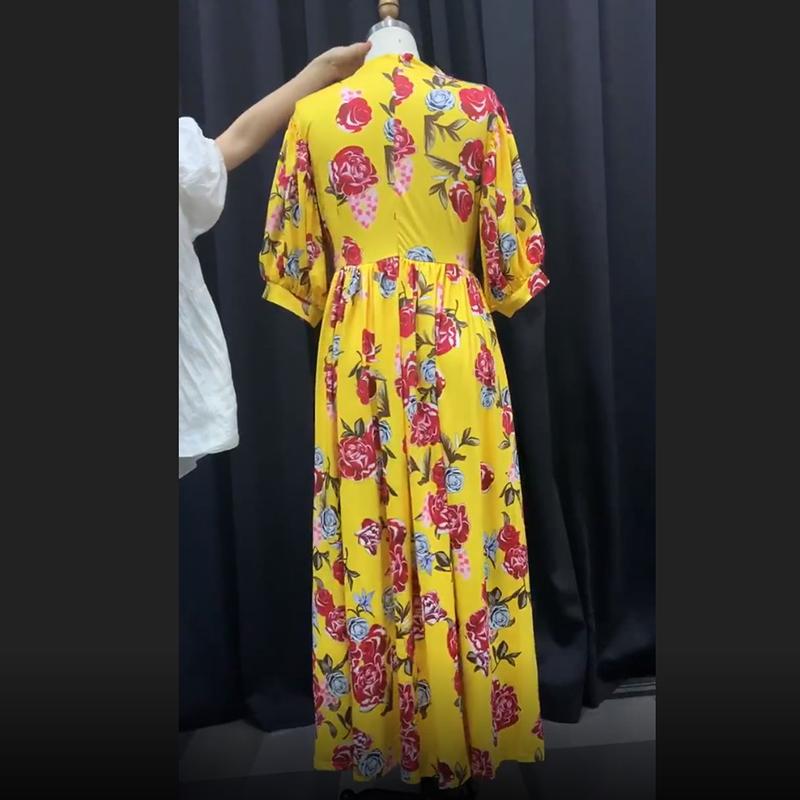 Bubble Five-point Sleeves Yellow Print Elegant Party Dress XL-5XL