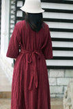 Cotton Jacquard V-neck Horn Sleeves Waist Dress