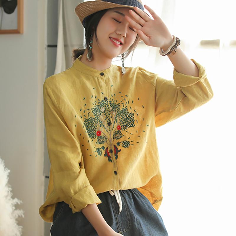 Linen Vintage Stand Collar Embroidery Shirt