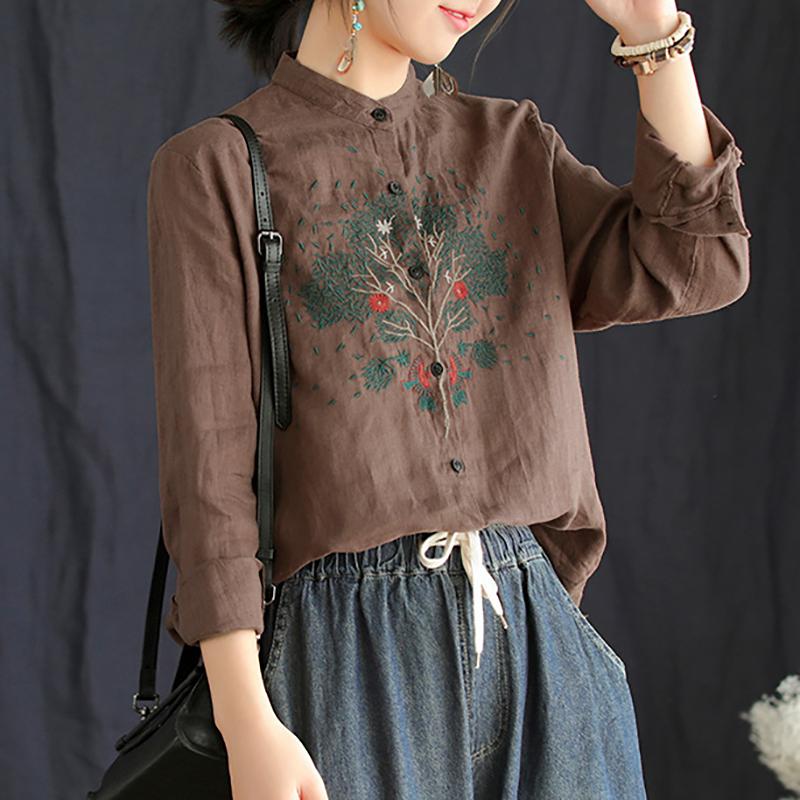 Linen Vintage Stand Collar Embroidery Shirt