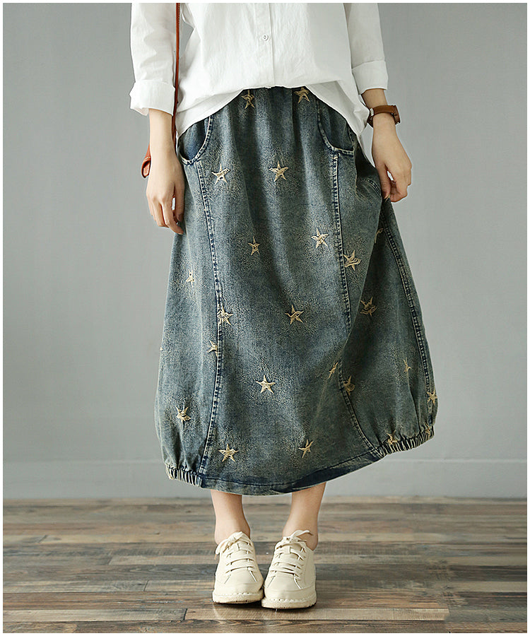 Vintage Denim Pockets Women Skirt