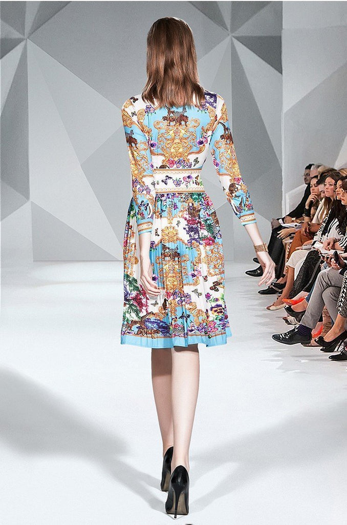 Fashion Printed Lapel Long Sleeve Slim Mid-length Pleated Dress