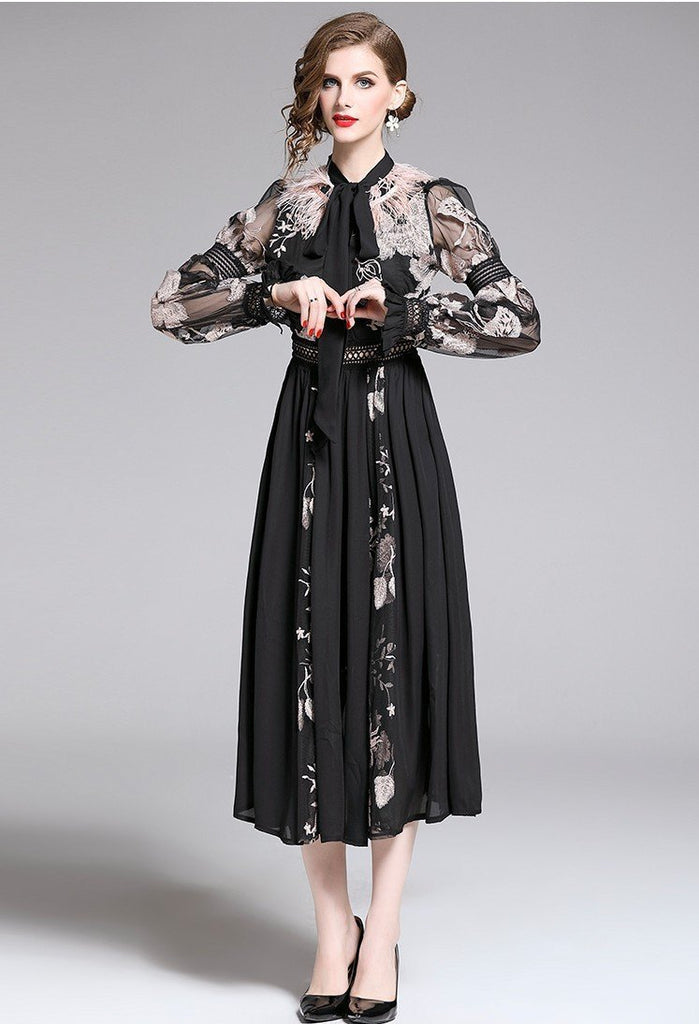Heavy Embroidered Feather Lantern Sleeves Slim Dress