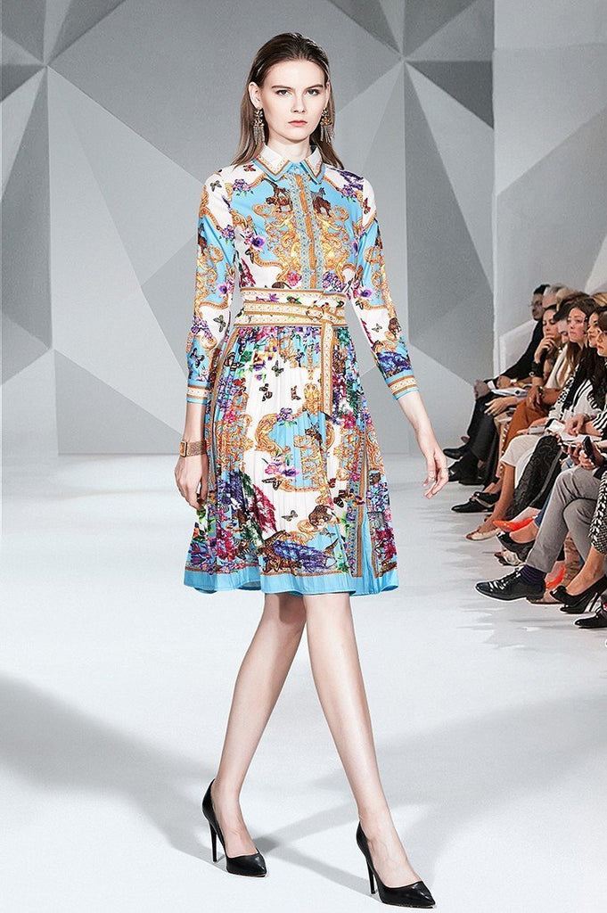 Fashion Printed Lapel Long Sleeve Slim Mid-length Pleated Dress