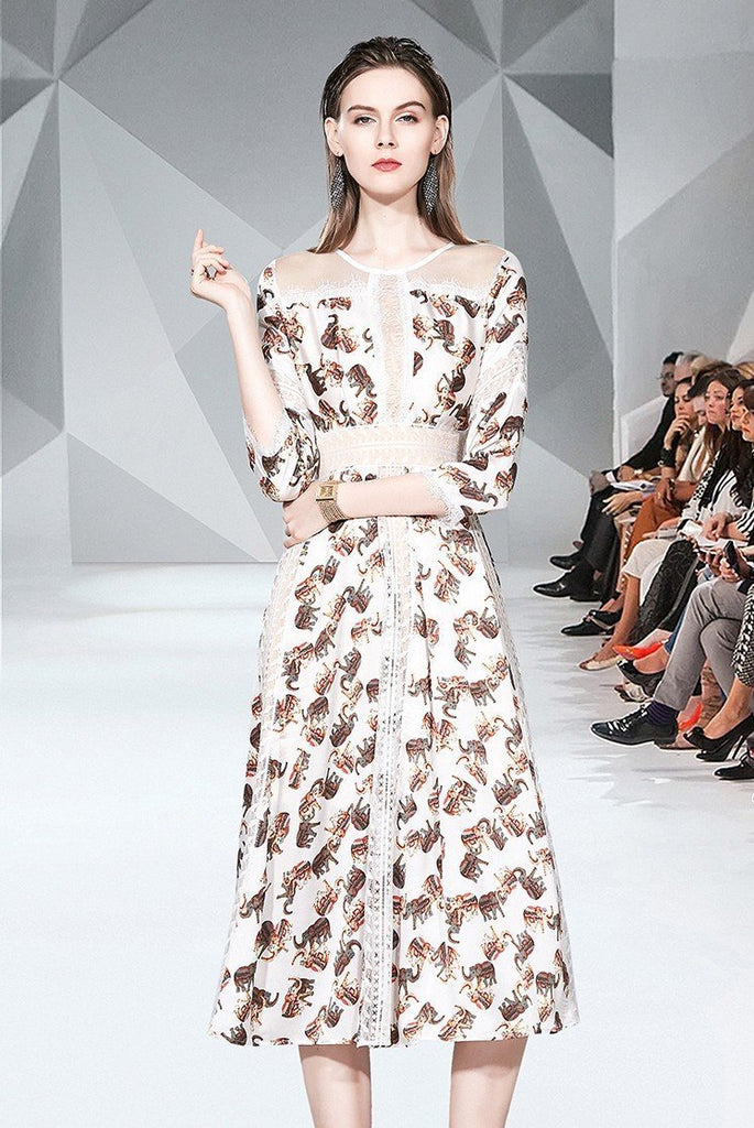 Round Neck Fashion Print Slim Mid-length Dress
