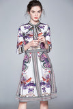 Fashion Bow Print Long Sleeve Slim A-Line Dress