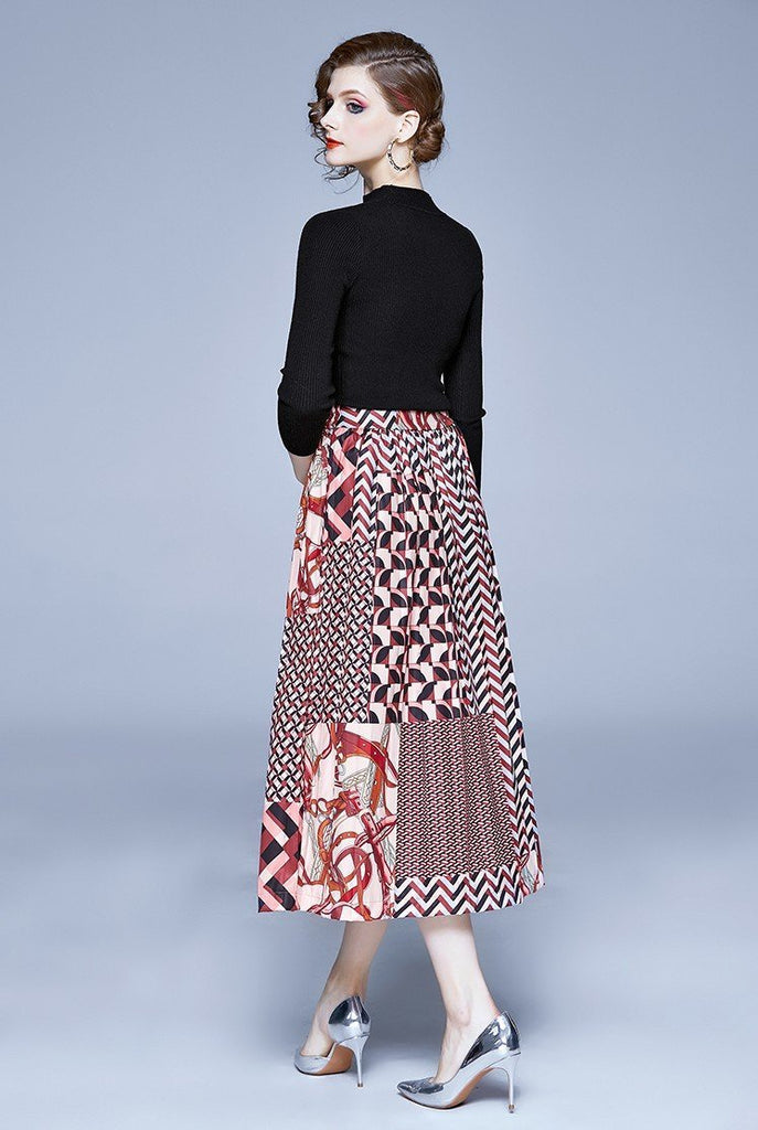 New Long Sleeve Knit Sweater + Elastic Waist Contrast Pleated Skirt