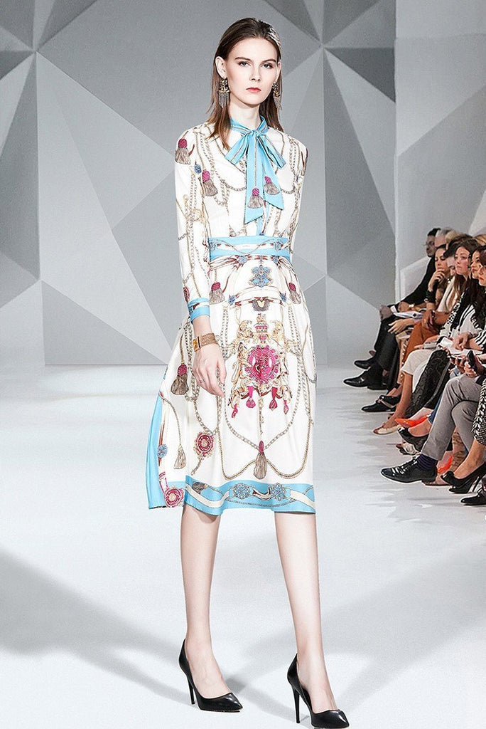 Fashion Floral Print Long Sleeves Midi Dress