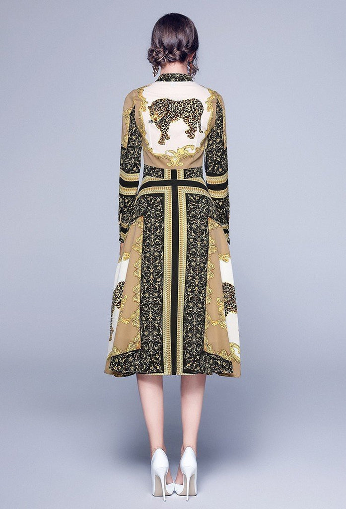 Fashion Royal Court Long Sleeve Printed Mid-length Dress