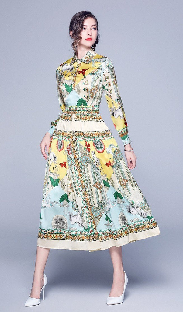 Lapel Fashion Print Long-sleeved Mid-length Dress