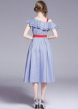 Ruffled Off-the-shoulder High-waist Striped Dress