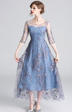 Mid-sleeve mesh embroidery slim dress dress
