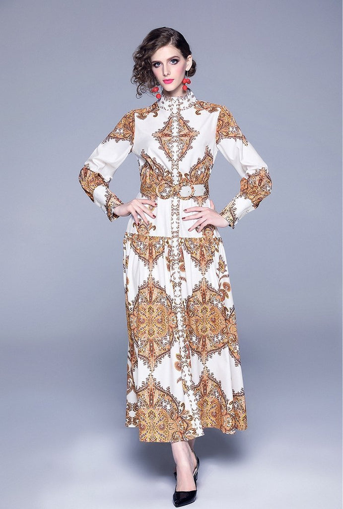 Temperament Collar Long Sleeve Printed Single Breasted Dress