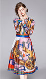 Lapel Retro Print Long Sleeve Slim Mid-length Pleated Dress