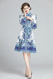 Retro Royal Court Print Slim Lapel Sleeve Dress