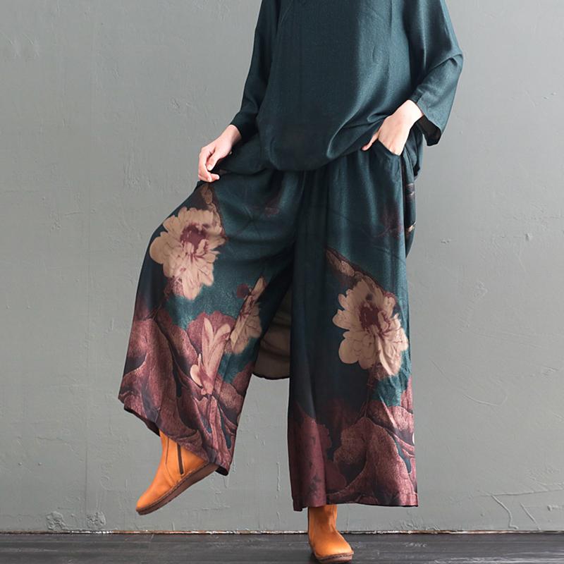 Print Stand Collar Polyester Dress And Wide Leg Pants