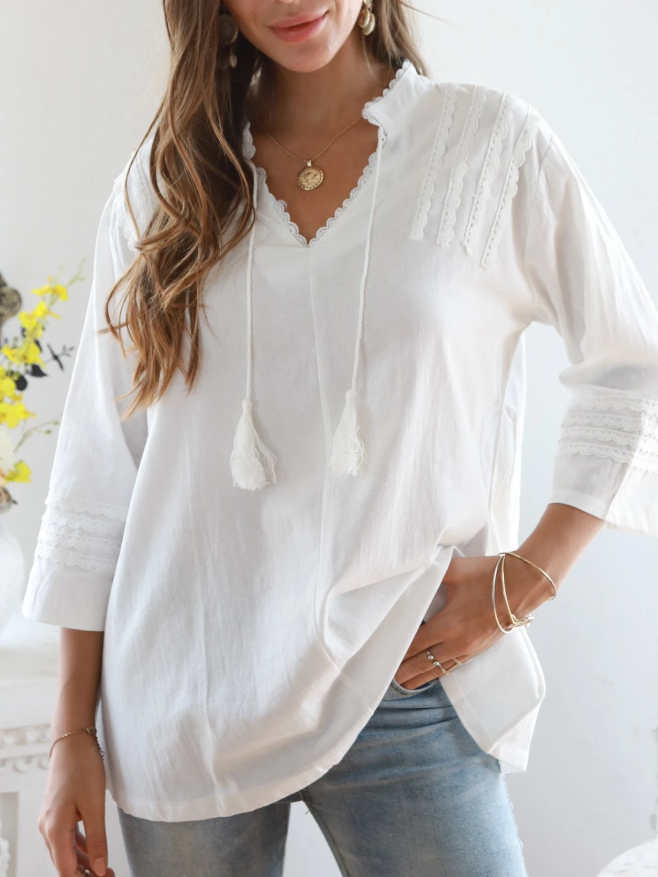 3/4 Sleeve Boho Stand Collar Guipure Lace Shirt